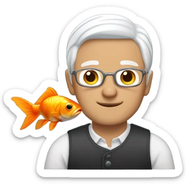 Man with white hair holding a goldfish sticker