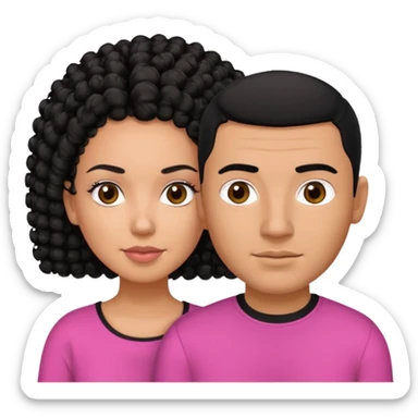 A picture if a couple, the man is a Mexican man with  black hair, a buzz cut and black shirt on.the woman is mixed with black and white, with curly hair and a pink shirt on sticker