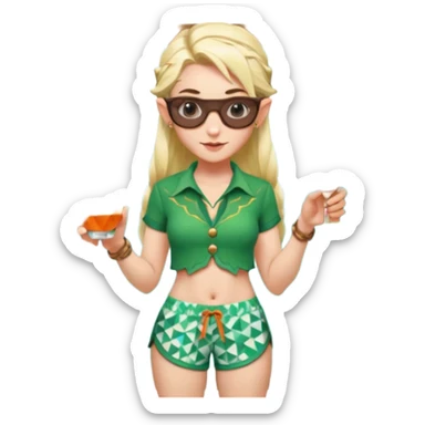 elf female legolas portrait, patterned board shorts (geometric/abstract), unique wooden-framed sunglasses, undercut hairstyle, slight smirk, visible pointy ears, no background, centered emoji, hipster summer vibe coctails  sticker