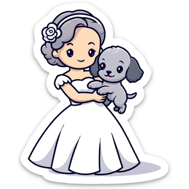 beautiful girl in a wedding dress hugging a small gray poodle sticker