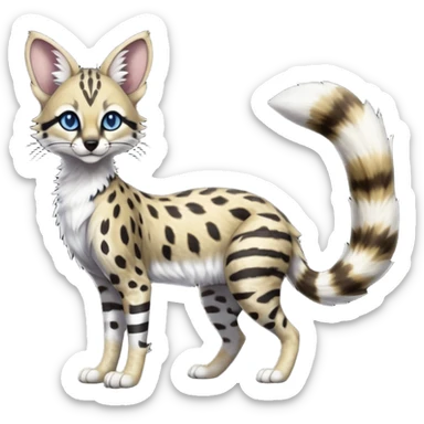 beautiful elegant spotted hype-realistic, black-maned, vibrant yellow Genet-Serval-Sergal-Margay-Fox-fusion-hybrid-furry-fursona, full body, with a long puffy fluffy black-and-white-striped tail, black long big ears, with natural blue eyes sticker