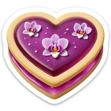 Realistic shortbread cookie in the shape of a heart with orchid color jelly middle filling and sprinkled powder sugar on top. sticker