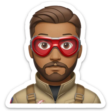 sam wilson with very short hair, close to the scalp and  a well-groomed beard that connects to his mustache,  wear sleek, red-tinted tactical goggles fit snugly from captain america: civil war sticker