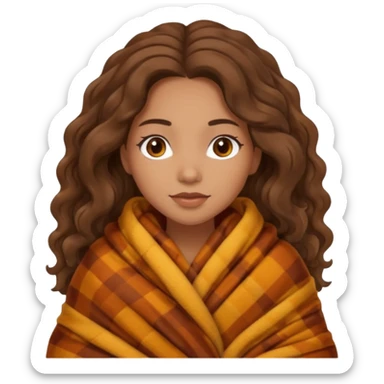 Cozy mixed girl with long wavy hair wrapped in blanket for fall sticker