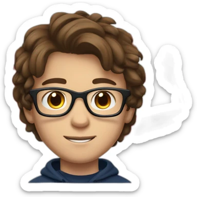 A teen with brown hair which rest on the left side of his head. He also wears black rectangular glasses. He also wears a dark blue hoodie with the letter ISZL and a swiss flag. sticker