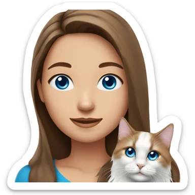 woman with long brown hair and pink shirt and holding a all white Siberian cat with blue eyes sticker