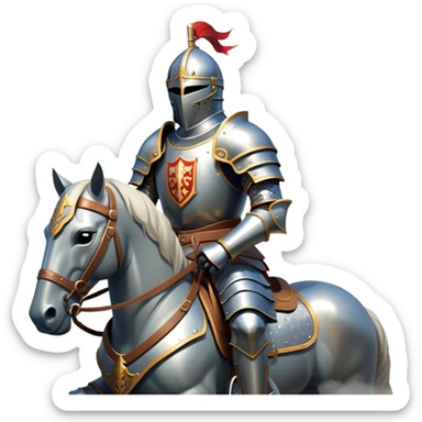 clash-of-clans-aesthetic_-cinematic-fearsome-and-majestic-knight-bust-portrait-emoji, rendered in a flat, vector-style with minimal shading and bold, simplified shapes, depicting a battle-ready medieval knight with steely eyes and intricate armor, mounted on a warhorse reflecting sunlight over a misty battlefield. sticker