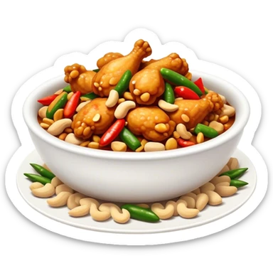 Cinematic Realistic Kung Pao Chicken Dish Emoji, showcasing spicy, stir‚Äêfried chicken with peanuts and vegetables rendered with dynamic textures and vibrant lighting. sticker