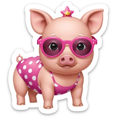 cute pig wearing  star-shaped sunglasses and polka dot bathing suit on all fours  sticker