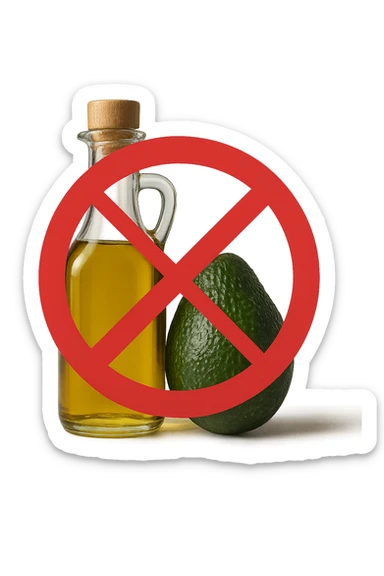 BOTTIGLIA DI OLIO EVO E AVOCADO CON DIVIETO SOPRA,  iperrealistico 4k sticker