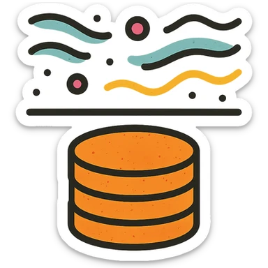 abstract minimalist icon of stacked disks partially submerged below a horizontal line representing underground, with flowing abstract data streams of lines, dots, or waves, worn and distressed effect sticker