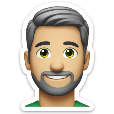 Create an emoji of a handsome white man with a full suit, black hair in a crew cut, and green eyes. He has a 3-day stubble beard and is smiling happily. The overall expression should be friendly and confident. sticker