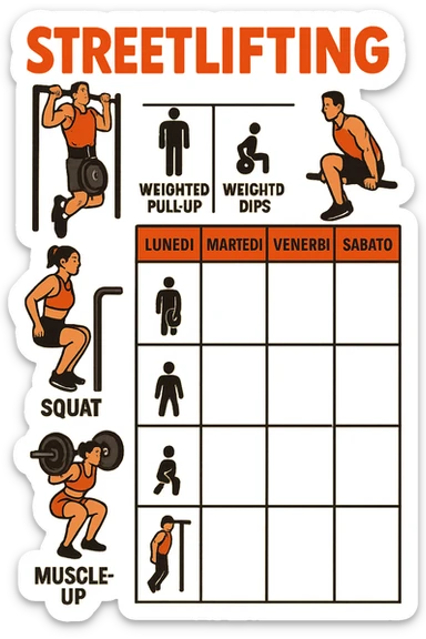 a streetlifting training sheet with icons for each exercise—weighted pull-ups, weighted dips, squats, muscle-ups—organized in a weekly schedule. Around the sheet, small illustrations show athletes performing each movement with proper form. The color palette is bold and energetic, and the background is clean and minimal. in italiano sticker