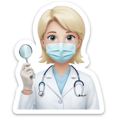 A minimalistic bust of a dentist wearing a white medical coat and a light blue surgical mask. The figure has expressive yet simplified eyes, and a small tooth icon is clearly displayed on the coat pocket. The dentist holds a minimalistic dental mirror in one hand, slightly raised, reinforcing the profession. The background features a simple white tooth icon or a subtle dental cross. The overall style is sleek, modern, and minimalistic, with clean lines and soft shading, following an emoji aesthetic. sticker