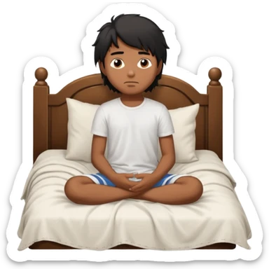 generate a pretty bratz brown skinned boy with black messy long hair wearing a white tshirt sitting in his in bed. Looking sleepy sticker