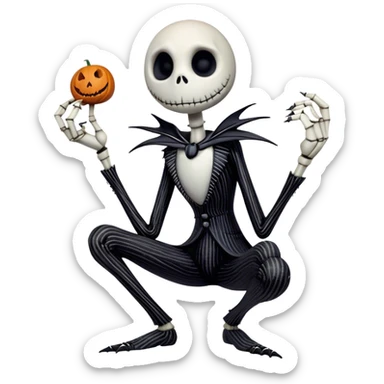 Full body view Cinematic 3D ultra realistic 32K HD image of Jack skellington squatting, stunning detail as though captured in a timeless photograph, rich textures, visually rich, so lifelike that it feels like it could leap off the page at any moment sticker