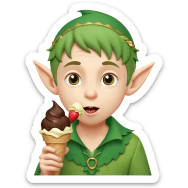 
A young elf boy in leafy clothes licking a triple-scoop ice cream with wide eyes.

 sticker