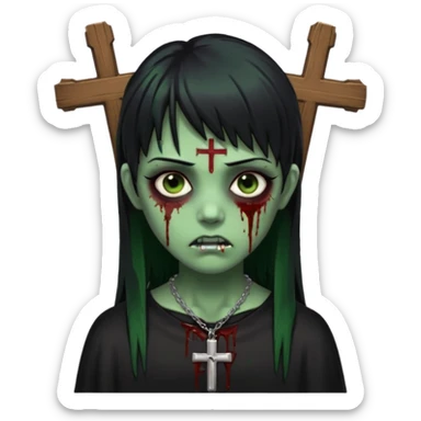 Zumbi verde com olhos castanhos aspecto de que tá sangrando, uma franja reta com cabelo preto um piercing do lado esquerdo do nariz, roupa preta e crucifixo como colar, e também delineador sticker