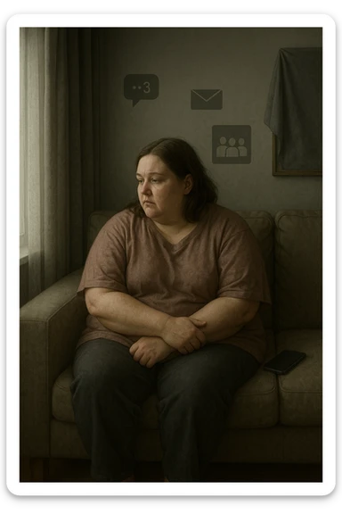 Donna tra i 30 e i 40 anni seduta sola su un divano, con espressione malinconica e corpo visibilmente appesantito. Indossa abiti larghi, avvolgenti, e guarda fuori dalla finestra mentre il telefono è spento o con notifiche ignorate accanto a lei. Sullo sfondo, si notano segnali di vita sociale assente: messaggi non letti, inviti ignorati, foto di gruppo a cui non partecipa. L’atmosfera è silenziosa, con luce grigia e ambiente spento. Intorno a lei, simboli di ritiro e insicurezza: tende chiuse, specchio coperto, postura chiusa. Stile realistico, tono delicato ed emotivo sticker