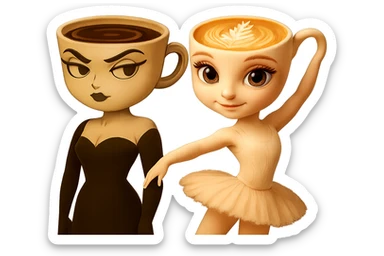 Edit the image to adjust the coffee character's arms so they are straight down at her sides, keeping the rest of the pose and style the same. Keep the ballerina character unchanged. Transparent background. sticker