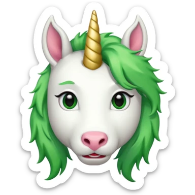 white furred unicorn with green hair and big red earrings looking into camera sticker