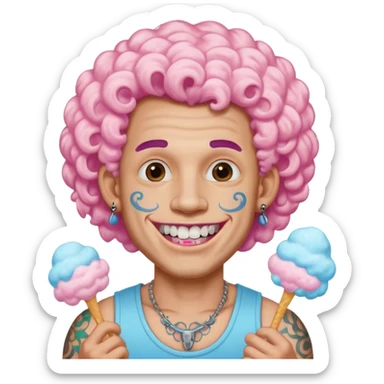 very cheerful colorful puffy curly haired man made out of cotton candy wearing teeth-braces and tattoos and face tattoos just face  sticker