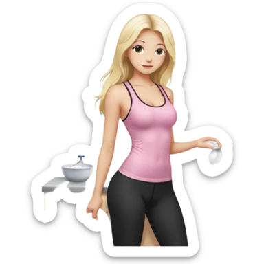 Seductive, thin fair skinned woman, long blond hair, washing dishes, SFW sheer pink tank top, without undergarments showing natural breast shape SFW, black yoga pants, perfect booty sticker