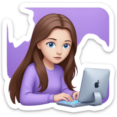 beautiful girl with long brown hair, blue eyes and wearing light purple clothes playing computer games sticker