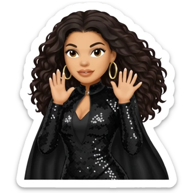 Jordin Sparks with long dark brown hair, black sequin outfit sticker