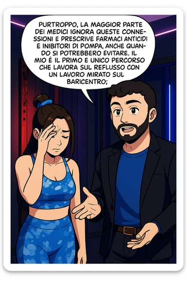 TRASFORMA QUESTO CAROSELLO IN UN FUMETTO STILE WEBTOON/MANGA A COLORI CON QUESTE DUE PERSONE IDENTICHE CHE INTERLOQUISCONO TRA LORO, L'uomo sta spiegando alla donna questo concetto MENTRE LA DONNA SI TIENE la mano sulla fronte sconcertata:

LUI (UOMO): Purtroppo, la maggior parte dei medici ignora queste connessioni e prescrive farmaci antiacidi e inibitori di pompa, anche quando si potrebbero evitare.
Il mio è il primo e unico percorso che lavora sul reflusso con un lavoro mirato sul baricentro; sticker