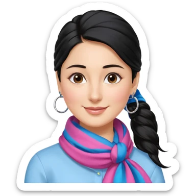 generate a pretty bratz emoji that looks like Kareena Kapoor's Geet character. 
Make her wear a white shirt with a colorful blue-pink scarf wrapped around her neck. smiling big. Black hair tied into a side part ponytail, silver hoops and no necklace

She should look exactly  like Kareena Kapoor sticker