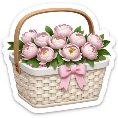 White Picnic basket with light pink bow and white peonies inside sticker