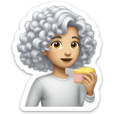 joven piel blanca pelo gris comiendo pastel sticker