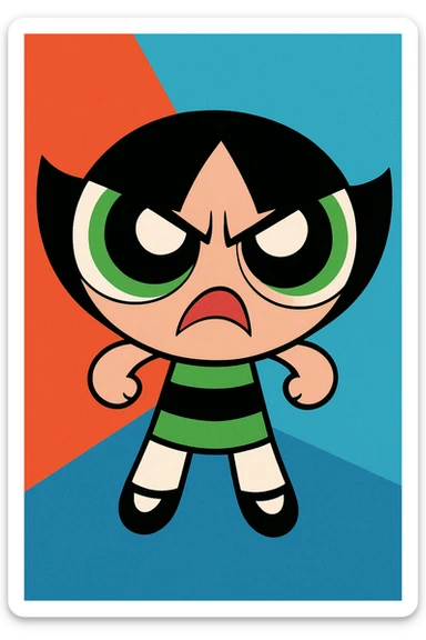 Powerpuff Girls character with an angry emotion, cartoon style, vibrant colors sticker