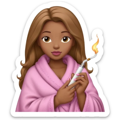 Curvy, light brown long hair, pretty black girl light pink lipgloss wrapped in blanket holding a lighter and brown cigarette  sticker