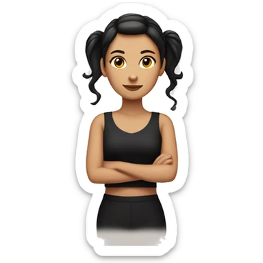 White woman with dark hair tied in a ponytail with a black cat and a red cat sticker