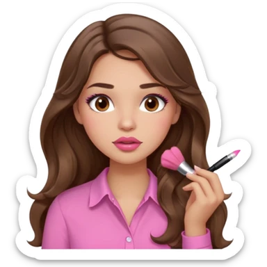 girl with long wavy brown hair, brown eyes, light to medium complexion, in a pink shirt, pink lips, long lashes, puckered lips, putting on blush sticker