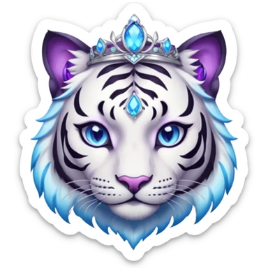 ESO Female white/black tiger khajiit leader of the umbral rose, glowing blue eyes, glowing blue 'third eye' gem; purple gem silver tiara sticker