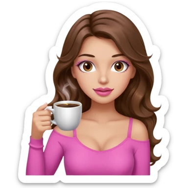 girl with long wavy brown hair, brown eyes, light to medium complexion, in a pink sexy top, pink lips, long lashes, sipping coffee sticker