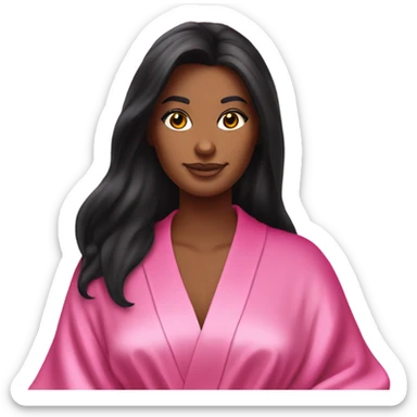 Tanned woman with long black hair wearing a silk pink Victoria’s Secret robe sticker
