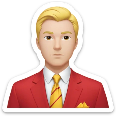 "A bust of a professional man dressed in a red and yellow business suit, symbolizing career opportunities and success. He has a confident expression, short well-groomed hair, and a sharp, determined look. The suit consists of a red blazer with yellow accents, a neatly buttoned yellow dress shirt, and a red tie. A bright upward arrow (📈) is positioned beside him, representing career growth. The man’s bust is stylized with clean lines, focusing on his upper torso and face. The background is plain white, maintaining a professional and modern business-themed design. sticker