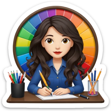 female dark wavy long hair graphic designer , big color wheel behind , pens, papers, desktop sticker