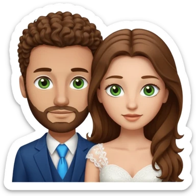 wedding couple, woman has long straight brown hair and green eyes, man has short light brown curly hair and facial hair with blue eyes sticker