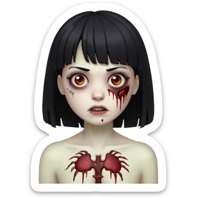Um zumbi feminino, com cabelo preto e franja, machucados pelo rosto e torso sticker