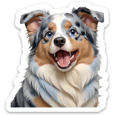 Cinematic Cute Yawning Tan Point Blue Merle Australian Shepherd Portrait Emoji, Head tilted slightly with a dramatic, wide-open yawn, soft blue merle fur with prominent tan points and crisp white accents, floppy ears slightly drooping, round blue eyes barely open in drowsy contentment, Simplified yet irresistibly adorable features, highly detailed, glowing with a soft, cozy glow, high shine, relaxed yet expressive, stylized with a touch of whimsy, bright and endearing, soft glowing outline, capturing the essence of a sleepy yet affectionate pup, so drowsy it feels like it could stretch right out of the screen and curl up for a nap! sticker