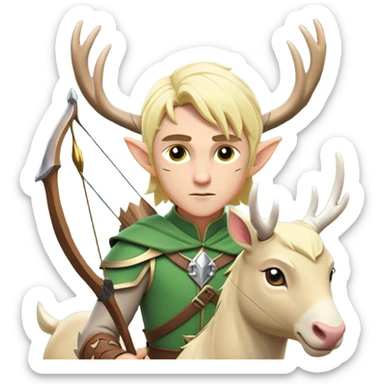 clash-of-clans-aesthetic-blond-male elf-archer-portrait-emoji, rendered in a flat, vector-style with minimal shading and bold, simplified shapes, head tilted slightly forward with a determined, focused expression, riding a majestic white stag whose antlers glow with mystical energy, set against an ancient, enchanted forest backdrop. sticker