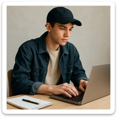 youthful designer in a baseball cap, working on a laptop, trendy outfit sticker