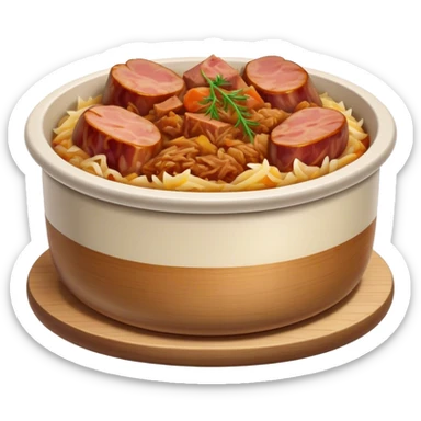 Cinematic Realistic Bigos Dish Emoji, showcasing a hearty stew of sauerkraut and meats rendered with rich textures and dynamic, rustic lighting. sticker