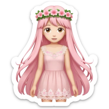 pastel anime woman with pink and white lace dress full body and long hair with flower crown sticker