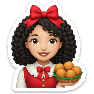 cute girl tan skin, curly black hair chin length, middle part, long eyelashes, cute cheeks, 5'2, outfit croquette style with bows and christmas theme, smiling,  no bangs sticker